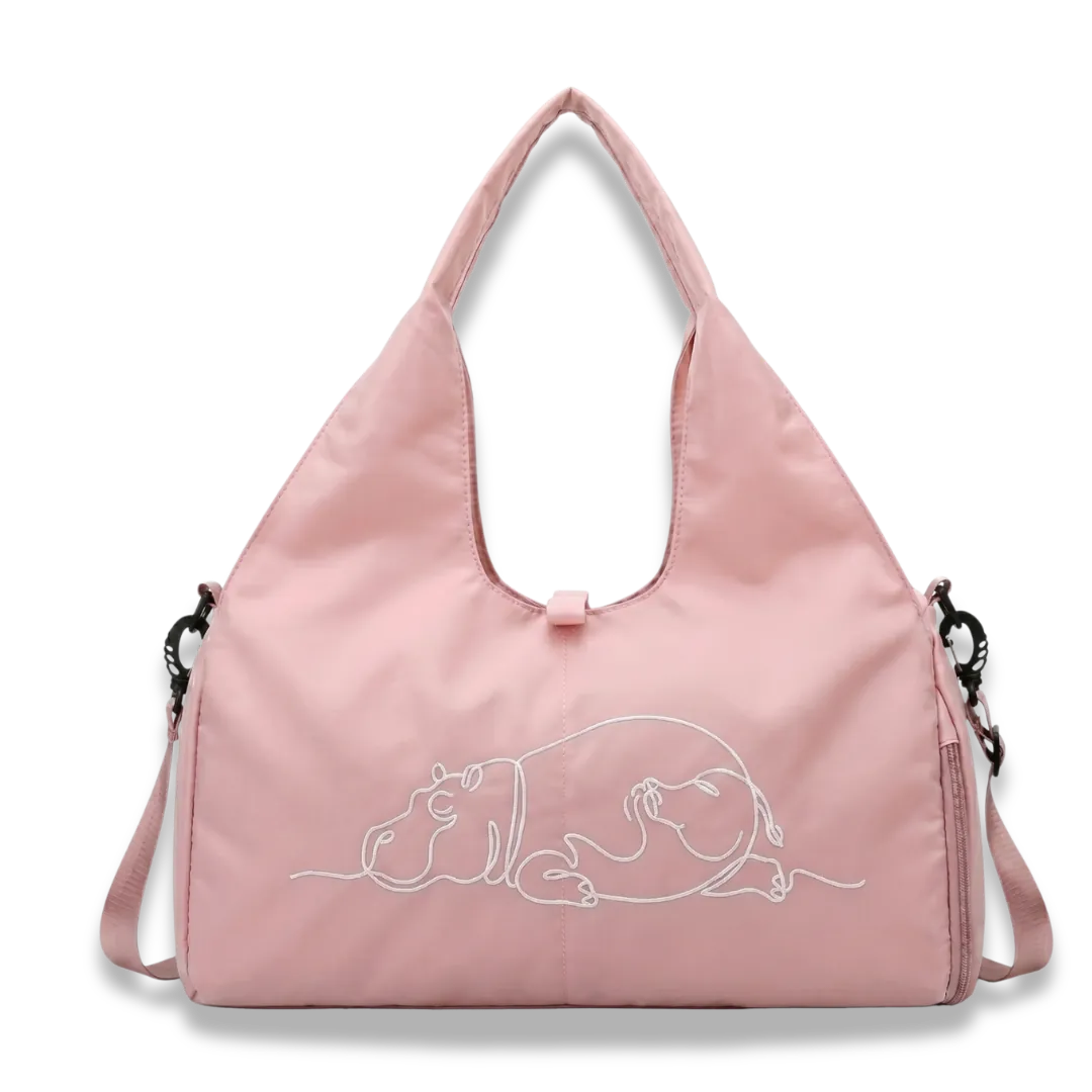 Pink yoga duffle bag with hippo print